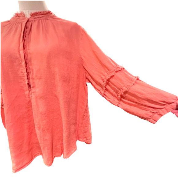 Ivy Jane Coral Orange Linen Boho Shirt Raw Edge Collar Long Sleeve Medium - Picture 8 of 11